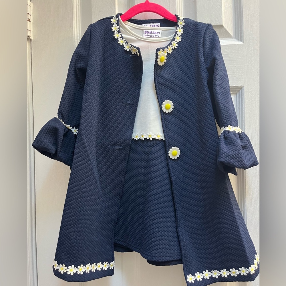 Blueberi Boulevard Two-piece Set with Navy Dress and Coat with Daisy Details